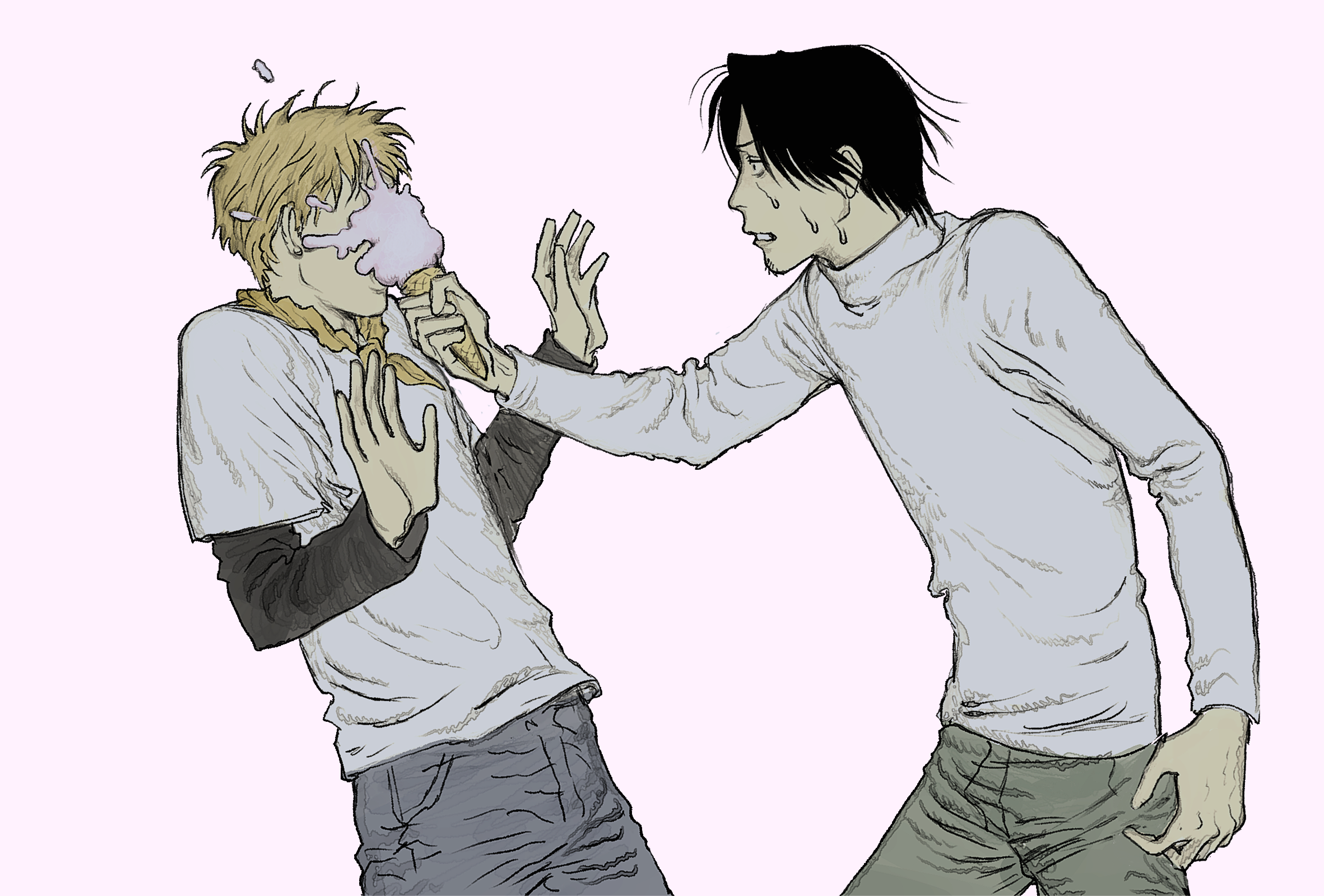 2boys bandana bandana_around_neck black_eyes black_hair blonde_hair commentary_request constricted_pupils denim facial_hair food food_on_face from_side goatee_stubble hacchi_(napoli_no_otokotachi) hands_up highres holding holding_ice_cream_cone ice_cream_cone in_the_face jeans layered_sleeves long_sleeves looking_at_another male_focus multiple_boys napoli_no_otokotachi nervous nervous_sweating outstretched_arm pants parted_lips profile q-gou_(no_nine_84) short_hair short_over_long_sleeves short_sleeves simple_background stubble sugiru_(napoli_no_otokotachi) sweat sweater white_sweater yellow_bandana