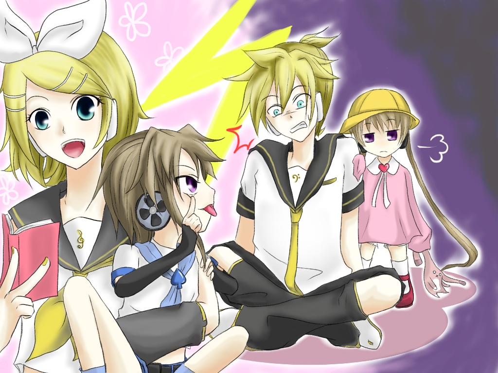 2boys 2girls blonde_hair brown_hair clenched_teeth hat kagamine_len kagamine_rin kindergarten_uniform long_hair multiple_boys multiple_girls school_hat short_hair simple_background teeth tsukuyomi_ai tsukuyomi_shouta very_long_hair vocaloid voiceroid