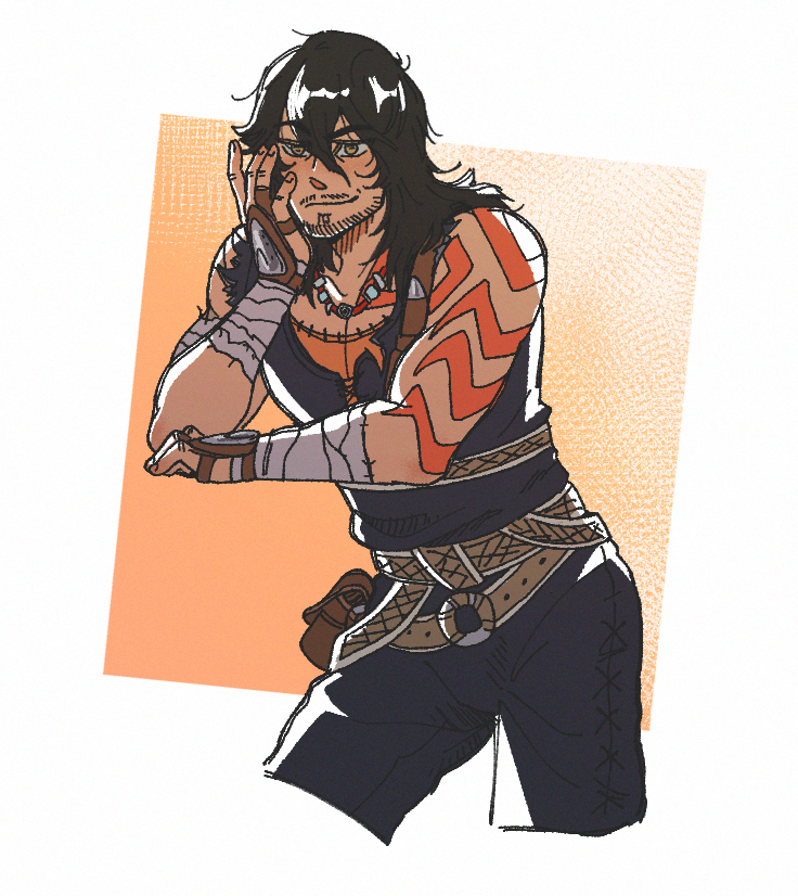 1boy arm_tattoo beard_stubble belt belt_pouch black_hair brown_belt chatdy commentary commission cowboy_shot dark-skinned_male dark_skin english_commentary facial_hair fingernails hair_between_eyes head_rest jewelry kid_icarus kid_icarus_uprising long_hair_between_eyes magnus_(kid_icarus) male_focus mature_male medium_hair muscular muscular_male mustache_stubble necklace nintendo orange_background outside_border pouch solo strap stubble tattoo yellow_eyes