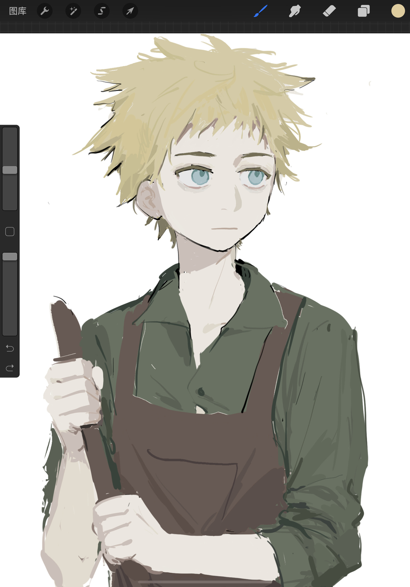 1boy apron art_program_in_frame blonde_hair blue_eyes broom collared_shirt green_shirt highres holding holding_broom kaixinchafang looking_to_the_side shirt simple_background south_park tweek_tweak white_background