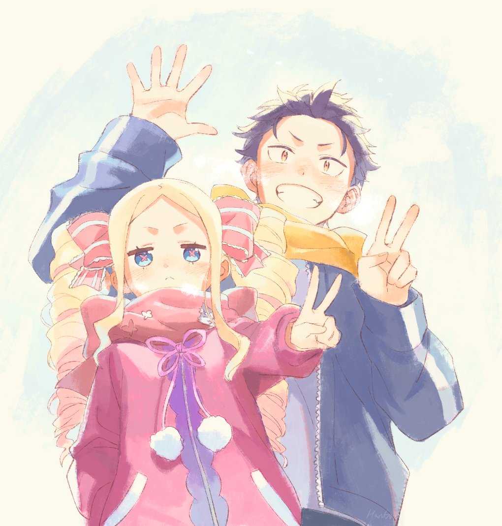 1boy 1girl :&lt; beatrice_(re:zero) black_hair blonde_hair blue_eyes blue_jacket blush breath brown_eyes butterfly-shaped_pupils cold commentary_request drill_hair hair_ribbon hand_up harusabin jacket long_hair long_sleeves looking_at_viewer natsuki_subaru open_clothes open_jacket orange_scarf pink_jacket pink_ribbon puck_(re:zero) re:zero_kara_hajimeru_isekai_seikatsu ribbon scarf short_hair sidelocks simple_background smile symbol-shaped_pupils twin_drills v