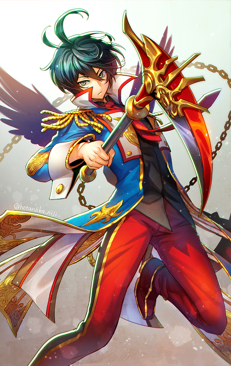 1boy black_eyes black_hair chain closed_mouth coat commentary_request dual_wielding epaulettes gold_trim highres holding holding_weapon hotaruika_niji malphas_(megido72) megido72 necktie pants red_pants shirt shoes short_hair sickle weapon
