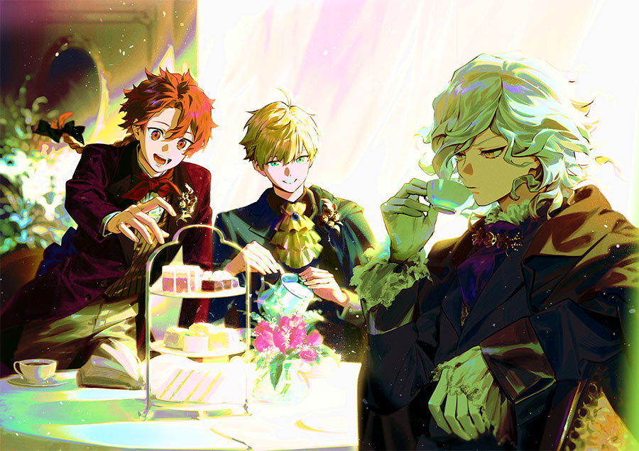 3boys alexander_(fate) arthur_pendragon_(fate) ascot blonde_hair book bow braid braided_ponytail brooch cake cake_slice cup drinking edmond_dantes_(fate) fate/grand_order fate_(series) flower food formal_clothes gloves green_eyes grey_hair hair_bow holding holding_cup holding_teapot jacket jewelry kazari_tayu long_hair male_focus multiple_boys official_art open_mouth promotional_art red_eyes red_hair saucer second-party_source shirt short_hair single_braid smile suit tea_party teacup teapot the_count_of_monte_cristo_(fate) tiered_tray yellow_eyes
