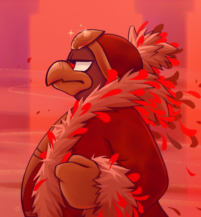 artist_logo daycolors feathers from_side gloves king_dedede kirby_(series) kirby_and_the_forgotten_land logo nintendo red_eyes red_feathers red_theme scar scar_on_face solo sparkle white_gloves