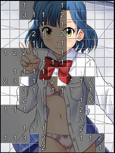 1girl blue_hair blue_skirt bow bow_bra bow_panties bowtie bra closed_mouth commentary_request cowboy_shot crotch_seam dress_shirt female_focus frilled_bra frills frown idolmaster idolmaster_million_live! lace lace-trimmed_panties lace_trim lielos looking_at_viewer minesweeper miniskirt nanao_yuriko navel no_pants open_clothes open_shirt panties pink_bra pink_panties plaid_clothes plaid_skirt pleated_skirt red_bow red_bowtie shirt short_hair skirt solo standing thigh_gap underwear v wavy_mouth white_shirt x-ray yellow_eyes
