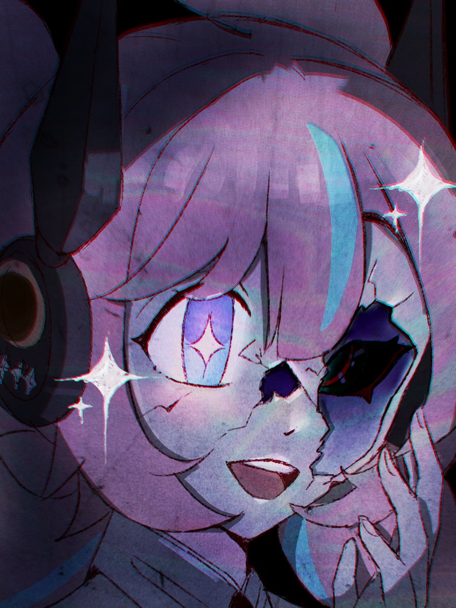 +_+ 1girl blue_streaks broken_mask commentary crack cracked_kawaii_mask cracked_mask english_commentary hand_up highres humanoid_robot koumilust mask mismatched_eyes multicolored_hair open_mouth pink_hair portrait robot solo sparkle split_theme streaked_hair yutane_johiel zenless_zone_zero