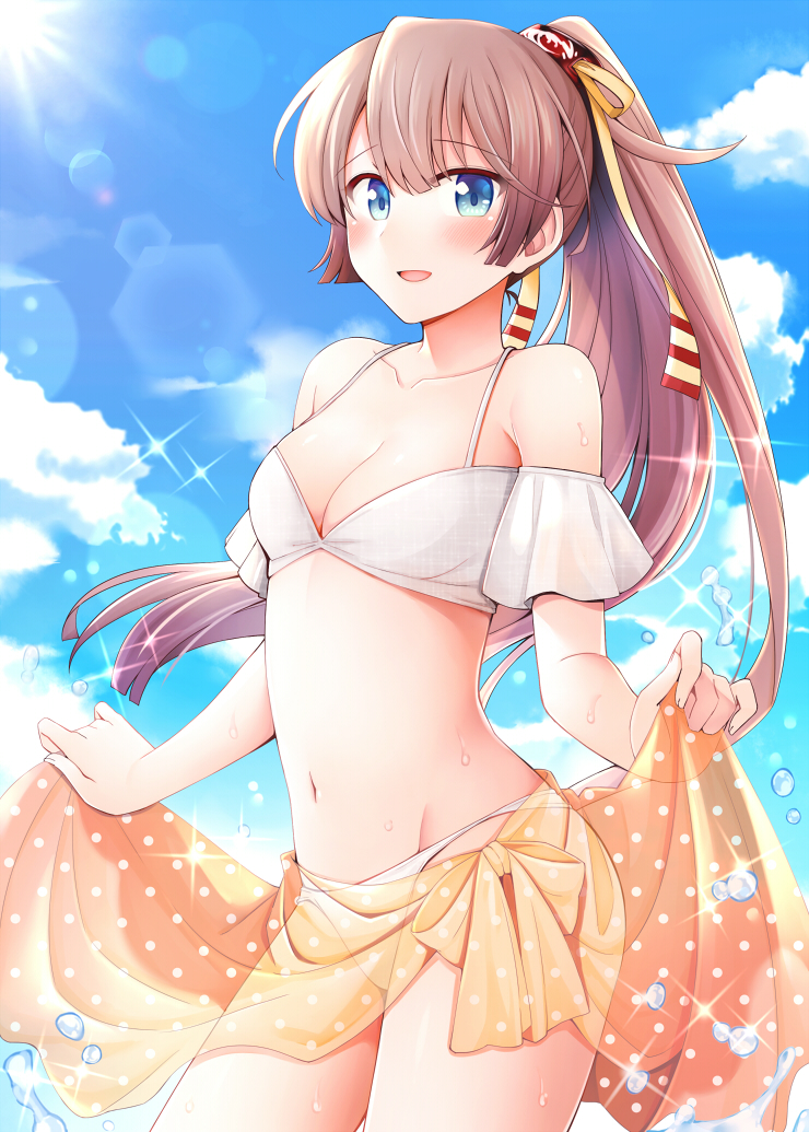 1girl bikini blue_eyes blush brown_hair collarbone cowboy_shot day groin hair_between_eyes kantai_collection kazagumo_(kancolle) kazagumo_kai_ni_(kancolle) kazagumo_kai_ni_(swimsuit)_(kancolle) long_hair navel open_mouth orange_sarong polka_dot ponytail rui_shi_(rayze_ray) sarong smile solo sparkle sun sunlight swimsuit white_bikini