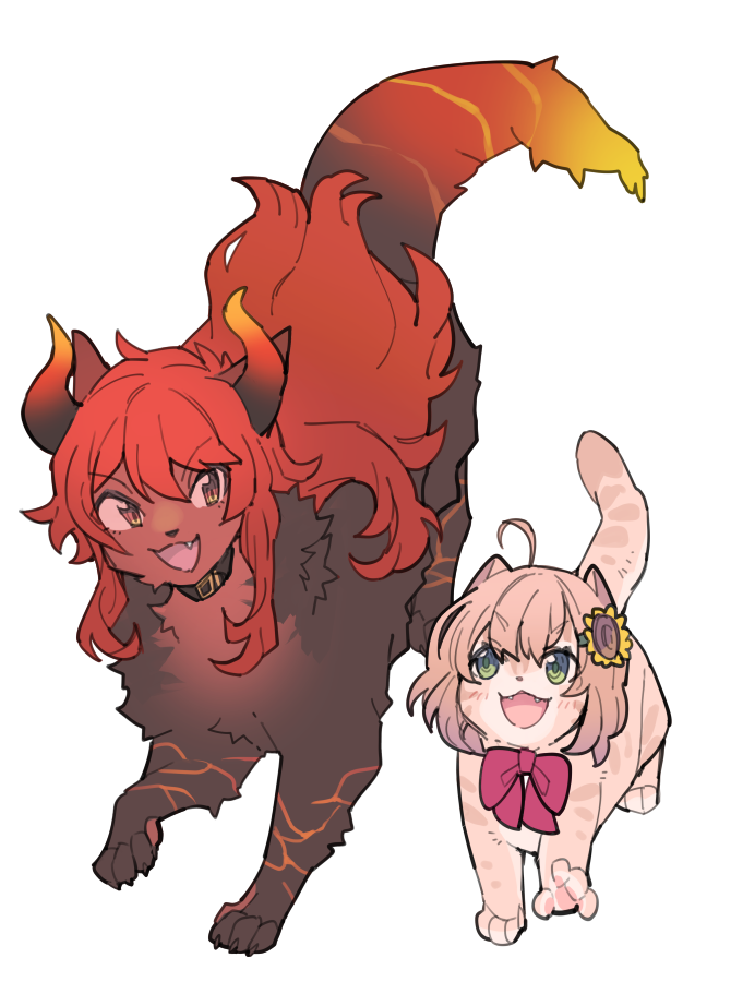 ahoge animalization black_collar bow bowtie brown_cat cat collar commentary_request dola_(nijisanji) fang fangs flower green_eyes hair_flower hair_ornament honma_himawari horns long_hair looking_at_another mitsumine_(ookami_no_oyashiro) nijisanji no_humans open_mouth orange_eyes orange_horns pink_cat pink_hair red_bow red_bowtie red_hair sidelocks simple_background sunflower sunflower_hair_ornament virtual_youtuber walking white_background
