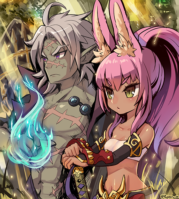 1boy 1girl abs ahoge animal_ear_fluff artist_name bad_id bad_pixiv_id bare_shoulders blue_fire closed_mouth colored_skin commentary_request dark-skinned_female dark_skin etrian_odyssey fire fujimaru_(green_sparrow) grey_hair grey_skin holding holding_sword holding_weapon katana long_hair masurao_(sekaiju) masurao_2_(sekaiju) muscular muscular_male navel necromancer_(sekaiju) necromancer_1_(sekaiju) pink_hair pointy_ears ponytail purple_eyes sarashi scar scar_on_face short_hair sword topless_male weapon yellow_eyes zombie