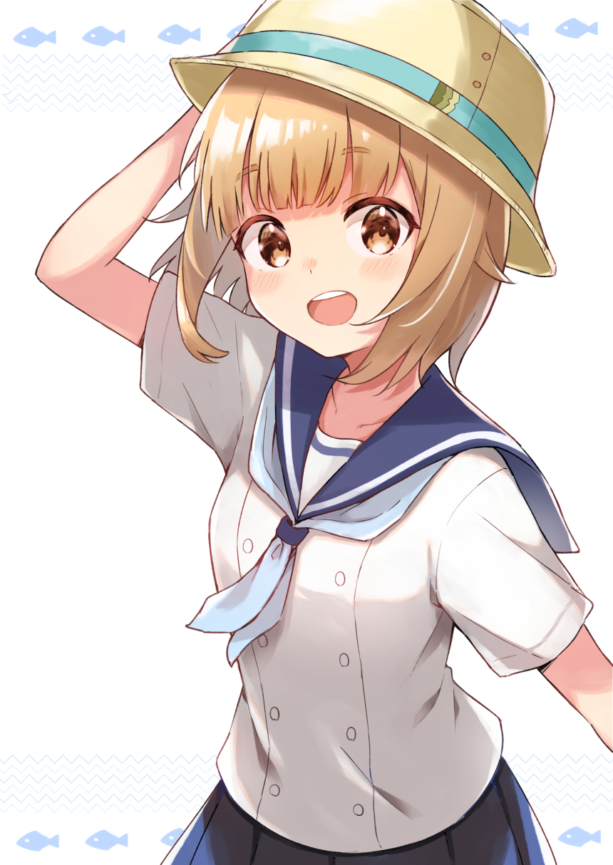 1girl :d arm_up black_skirt blue_neckerchief blue_sailor_collar blush brown_eyes bucket_hat fish_background hat highres houkago_teibou_nisshi light_brown_hair looking_at_viewer neckerchief open_mouth sailor_collar school_uniform serafuku short_hair simple_background skirt smile solo tsurugi_hina upper_body urushi_(2634334) white_background white_serafuku