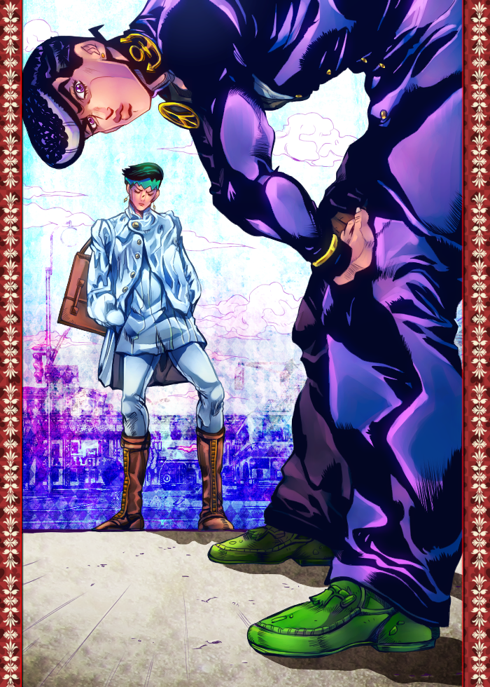 2boys araki_hirohiko black_hair colorized earrings green_hair haruja headband higashikata_josuke jewelry jojo_no_kimyou_na_bouken kishibe_rohan multiple_boys pompadour purple_eyes purple_hair