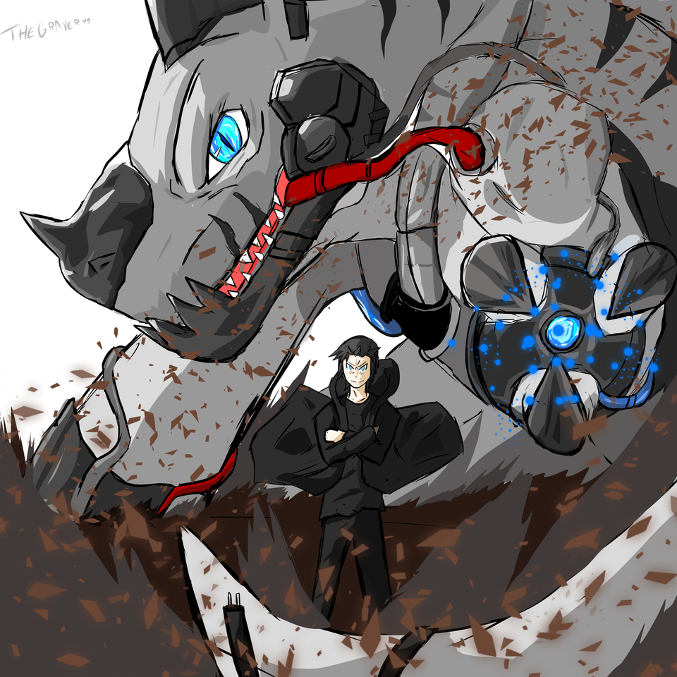 cable cyborg digimon digimon_(creature) horns looking_at_viewer metaltyranomon sharp_teeth smile teeth