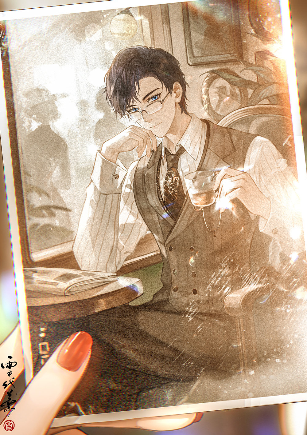 1boy armchair black_necktie black_pants blue_eyes blue_hair buttons chair clarence_clayden closed_mouth collared_shirt crossed_legs cup curtained_hair dispersion_(optics) double-breasted feet_out_of_frame glass_teacup glasses grey_vest head_rest highres holding holding_cup holding_photo indoors jacket long_sleeves looking_at_viewer lovebrush_chronicles male_focus mole mole_under_eye necktie newspaper object_focus pants people photo_(object) pinstripe_pattern pinstripe_shirt pinstripe_vest plant pov pov_hands red_nails shirt short_hair sitting smile solo swept_bangs table tea teacup unworn_jacket vest white_shirt window xuedaixun