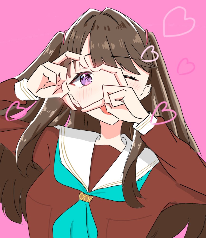 1girl four-finger_heart_hands ;d aqua_neckerchief blush brown_dress brown_hair commentary_request dress fujishima_megumi hasu_no_sora_school_uniform heart heart_hands heart_hands_over_eye link!_like!_love_live! long_hair long_sleeves looking_at_viewer love_live! neckerchief one_eye_closed open_mouth pink_background potu_sabu purple_eyes sailor_collar sailor_dress school_uniform simple_background smile solo two_side_up upper_body virtual_youtuber white_sailor_collar winter_uniform