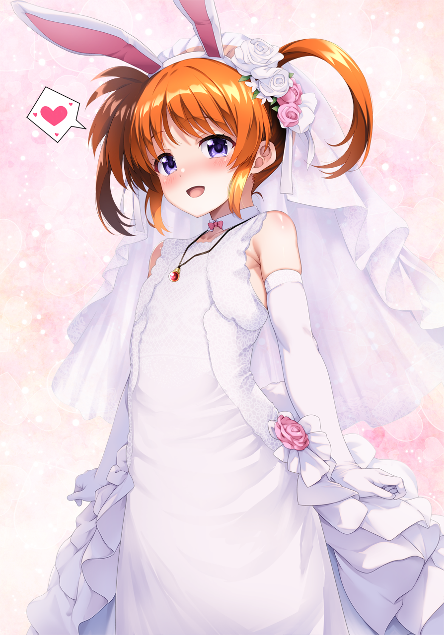 1girl animal_ears arms_at_sides asymmetrical_hair bare_shoulders blue_eyes blush bow bowtie bridal_veil bride coat detached_collar dress elbow_gloves fake_animal_ears flat_chest flower gloves hair_flower hair_ornament heart highres lyrical_nanoha mahou_shoujo_lyrical_nanoha medium_hair open_mouth orange_hair paid_reward_available pink_bow pink_bowtie rabbit_ears raising_heart solo takamachi_nanoha two_side_up veil wedding_dress white_coat white_dress white_gloves yokoyama_kouji
