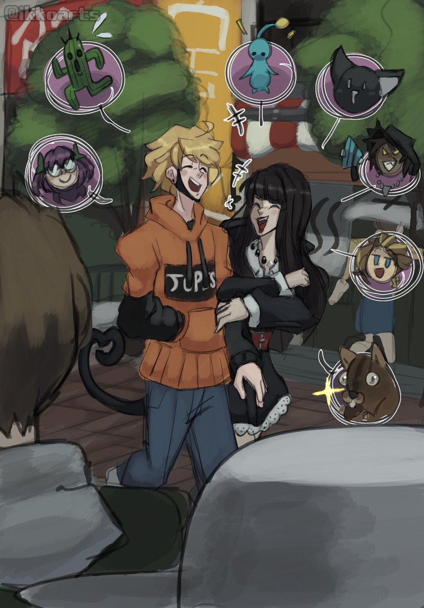 2girls 3boys animal_hood arm_around_shoulder belt black_hair blonde_hair cat_hood ear_piercing eyebrows closed_eyes face_mask fake_tail furesawa_tosai hetero highres hood hoodie jewelry kanade_rindo laughing lipstick long_hair makeup mask minamimoto_sho mouth_mask multiple_boys multiple_girls necklace nutkin open_mouth orange_hoodie piercing sabotender sakurane_shoka shin_subarashiki_kono_sekai smile subarashiki_kono_sekai tail tree usui_nagi