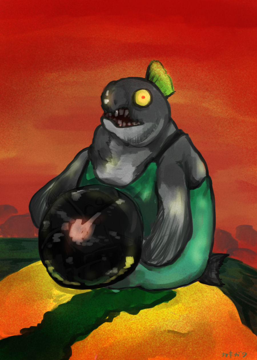 animal animal_focus aqua_overalls artist_name big_shot_(splatoon) cannonball clothed_animal colored_sclera ebifurai_kakigwa fish full_body green_hair highres holding looking_at_viewer mohawk nintendo no_humans open_mouth outdoors overalls red_eyes red_sky salmon_run_(splatoon) short_hair signature sky solo splatoon_(series) teeth yellow_sclera