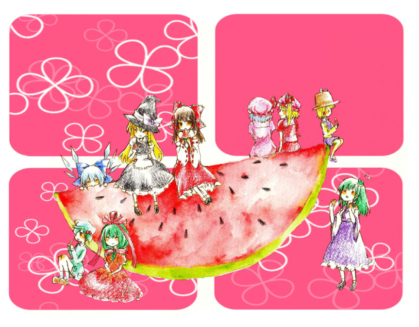 6+girls blush cirno colored_pencil_(medium) eating food fruit group_picture h1watar1 hakurei_reimu holding holding_food holding_fruit kagiyama_hina kawashiro_nitori kirisame_marisa kochiya_sanae looking_at_another multiple_girls on_floor oversized_food oversized_object pink_background remilia_scarlet sitting sitting_on_object smile touhou traditional_media watermelon