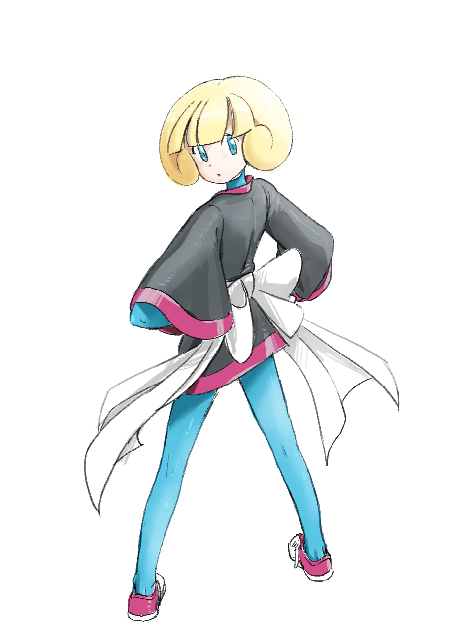 1girl blonde_hair blue_bodysuit blue_eyes blunt_bangs bodysuit dougi from_behind full_body greta_(pokemon) highres long_sleeves looking_at_viewer looking_back nintendo parted_lips pokemon pokemon_emerald pokemon_rse sash solo u4_99384295 white_background white_sash wide_sleeves