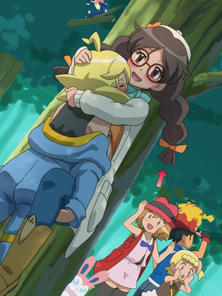 2boys 3girls :d :o against_tree ahoge ash_ketchum awa black_shirt black_thighhighs blonde_hair blue_jacket blue_jumpsuit bonnie_(pokemon) boots bow brown-framed_eyewear brown_eyes brown_hair brown_shirt clemont_(pokemon) closed_eyes coat commentary_request creatures_(company) day dress game_freak gen_1_pokemon gen_6_pokemon glasses gloves greninja hair_bow hand_on_headwear hat hetero implied_sex jacket jumpsuit jumpsuit_pull lilia_(pokemon) long_hair multiple_boys multiple_girls nintendo on_head open_mouth orange_bow outdoors pants pants_tucked_in pikachu pink_dress pink_hat pokemon pokemon_(anime) pokemon_(creature) pokemon_on_head pokemon_xy_(anime) porkpie_hat red_hat serena_(pokemon) shirt smile strap sylveon thighhighs tree twintails zettai_ryouiki