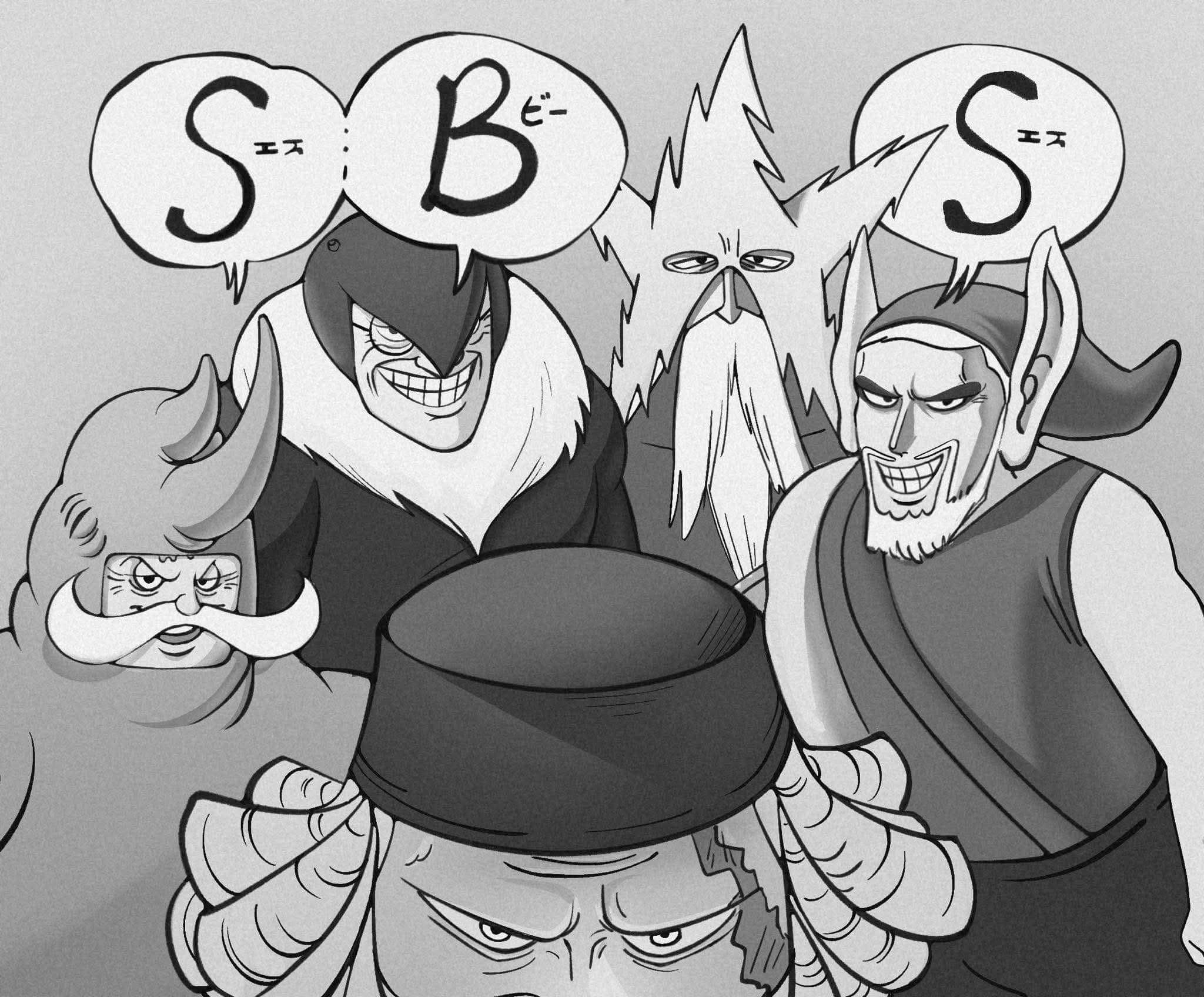 5boys bald beard ethan-baron_v._nusjuro facial_hair gato_elegante gorosei highres jaygarcia_saturn long_beard long_mustache male_focus marcus_mars me_and_the_boys_(meme) meme multiple_boys mustache one_piece scar scar_on_face self-upload shepherd_ju_peter topman_warcury