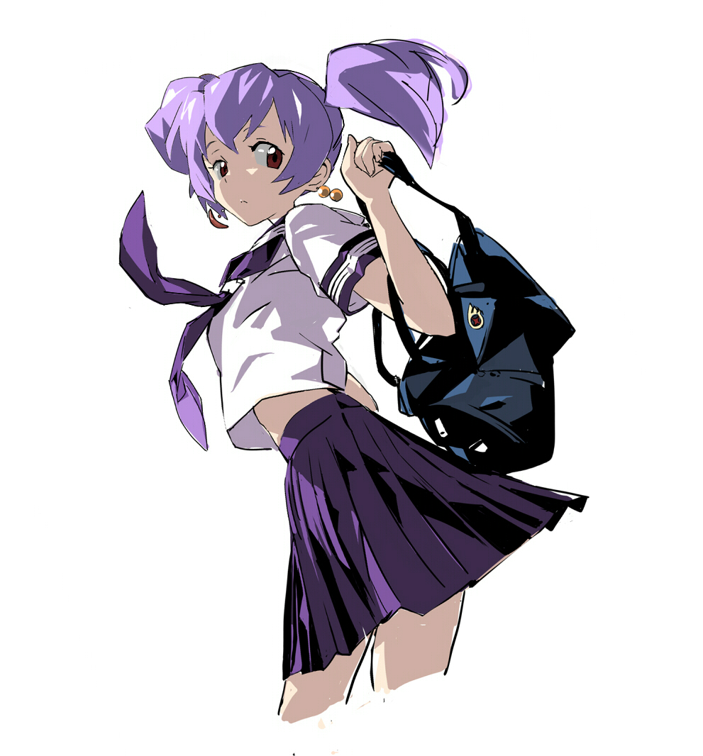 00s 1girl chiko cropped_legs earrings female_focus jewelry magomago multicolored_hair purple_hair red_eyes school_uniform short_twintails skirt solo top_wo_nerae!_(series) top_wo_nerae_2! twintails two-tone_hair tycho_science