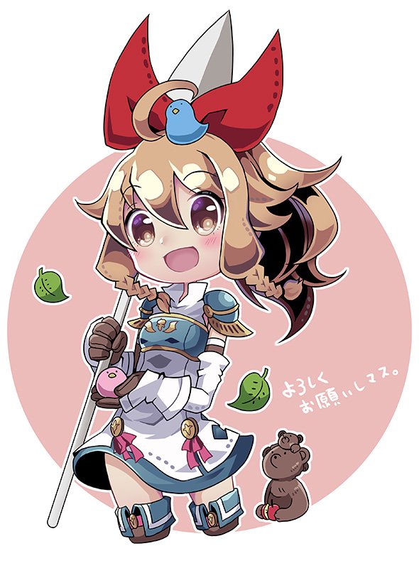 1girl bear bird blush boots bow braid brown_eyes brown_hair company_name emma_(fire_emblem) female_focus fire_emblem fire_emblem_cipher fire_emblem_echoes:_shadows_of_valentia gloves kei_s01 leaf long_hair nintendo official_art open_mouth polearm ponytail simple_background solo spear weapon white_background