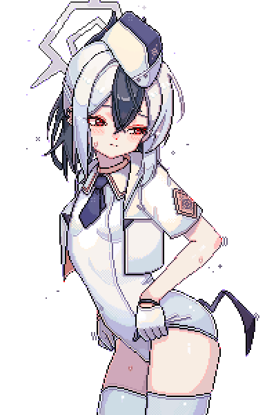 1girl 2049_(hh5566) black_hair black_wings blue_archive blush closed_mouth cowboy_shot demon_wings dress grey_halo hair_between_eyes halo hat jacket kayoko_(blue_archive) long_hair multicolored_hair open_clothes open_jacket red_eyes short_sleeves simple_background single_wing solo thighhighs utnapishtim_operator_uniform_(blue_archive) white_background white_dress white_hair white_hat white_jacket white_thighhighs wings