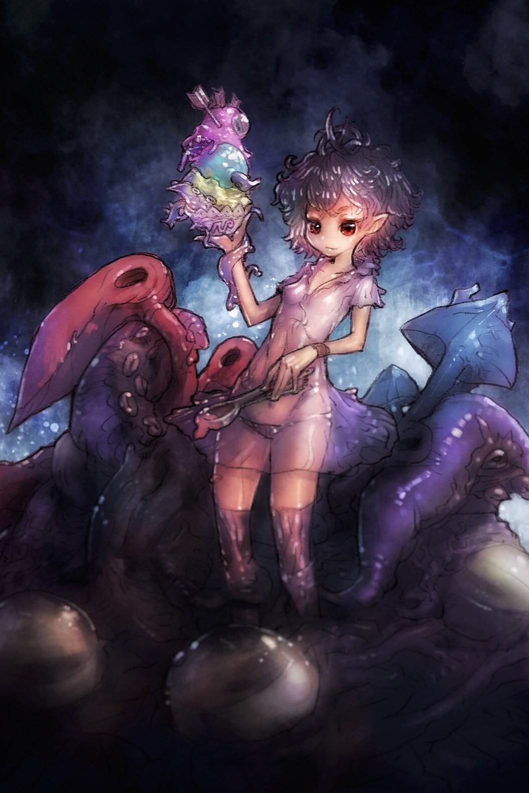 1girl black_hair breasts commentary_request creature dress highres houjuu_nue nue_day octopus panties pointy_ears red_eyes see-through_clothes see-through_dress short_hair small_breasts smile solo suction_cups thighhighs touhou underwear yst