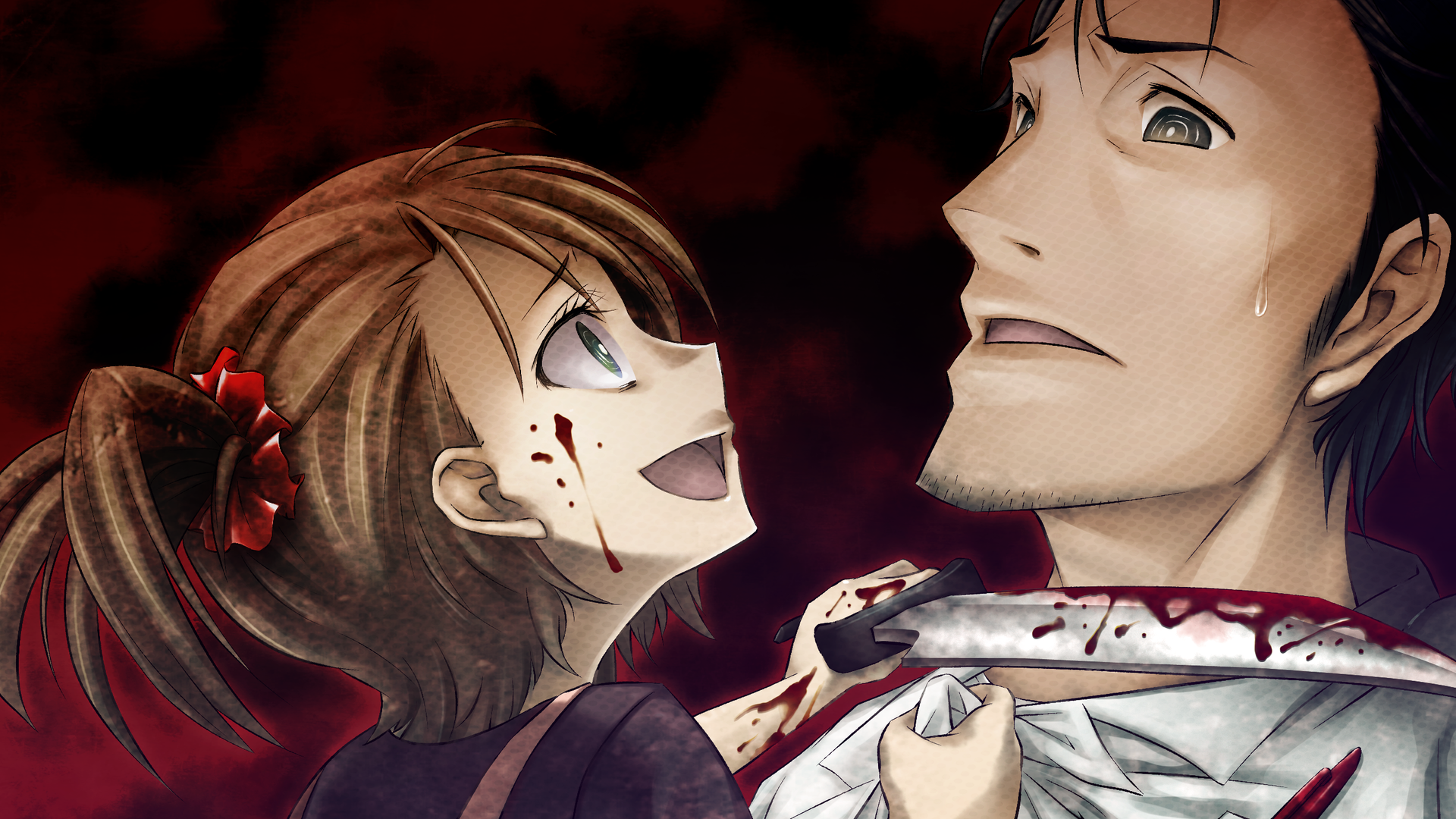 1boy 1girl adam's_apple aqua_eyes at_knifepoint beard_stubble black_hair blade_to_throat blood blood_on_face blood_on_hands bloody_knife blouse blue_eyes breast_pocket brown_hair brown_pants child clothes_grab coat collar_grab collarbone constricted_pupils crazy crazy_smile dress eye_contact facial_hair from_side frown game_cg grey_eyes hair_tie height_difference highres holding holding_knife hostage huke knife lab_coat lapels long_sleeves looking_at_another messy_hair neckwear_grab nervous_sweating non-web_source notched_lapels object_in_pocket official_art okabe_rintarou open_mouth pants pen_in_pocket pinafore_dress pink_dress pocket purple_shirt red_background ringed_eyes shirt short_sleeves short_twintails sleeveless sleeveless_dress smile square_pupils steins;gate stubble sweat sweatdrop t-shirt tennouji_nae threat tongue twintails white_coat white_shirt wide-eyed worried yandere