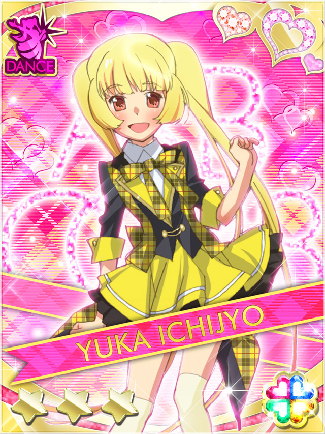 1girl :d akb0048 blonde_hair brown_eyes card_(medium) character_name dress feet_out_of_frame hand_up heart ichijou_yuuka idol_clothes long_hair looking_at_viewer neck_ribbon non-web_source official_art open_mouth pink_background plaid_ribbon ribbon short_sleeves smile solo sparkle standing star_(symbol) thighhighs twintails very_long_hair white_thighhighs yellow_dress yellow_ribbon