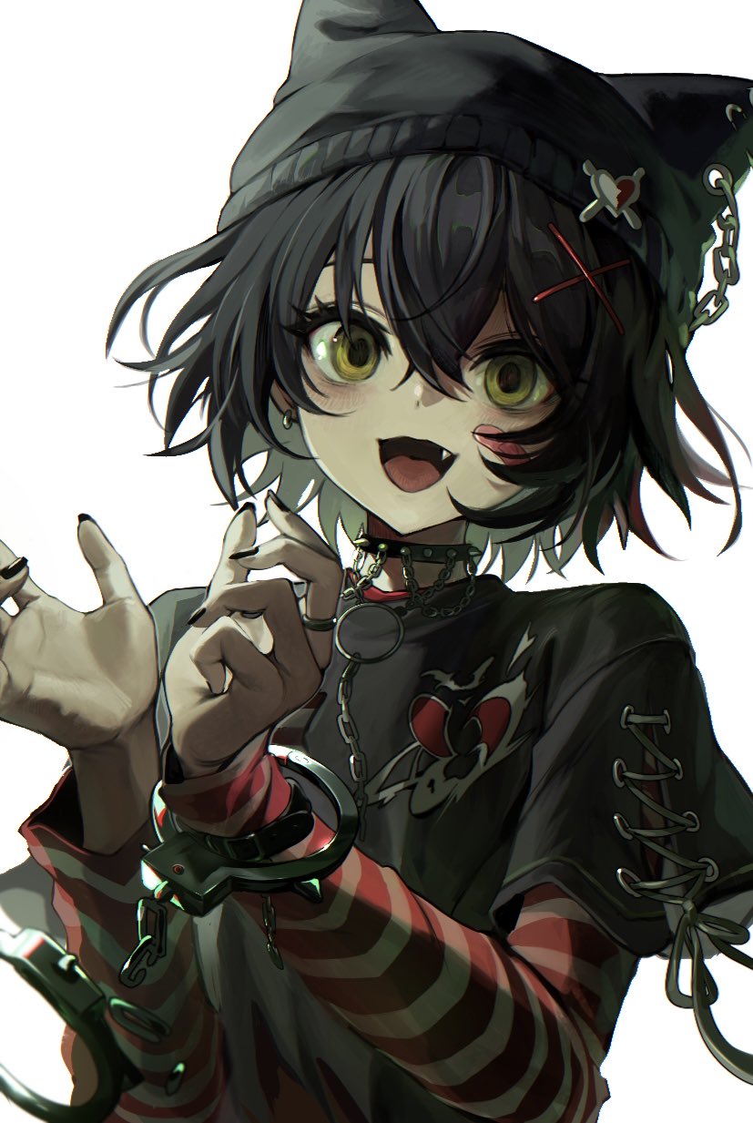 1boy bandaid bandaid_on_face black_hair black_hat black_shirt cuffs fang handcuffs hat highres looking_at_viewer mashiro_meme nijisanji nnvvll8 open_mouth red_shirt shirt short_hair simple_background smile solo striped_clothes striped_shirt trap upper_body white_background yellow_eyes