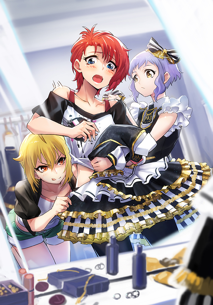 10s 3girls blue_eyes blurry blush bow brown_hair depth_of_field dress dressing_room hair_bow holding holding_unworn_clothes ibuki_tsubasa idolmaster idolmaster_million_live! julia_(idolmaster) makabe_mizuki makeup mirror multiple_girls open_mouth parfait_noir_(idolmaster) pink_eyes purple_hair red_hair reflection short_hair smile todee yellow_eyes