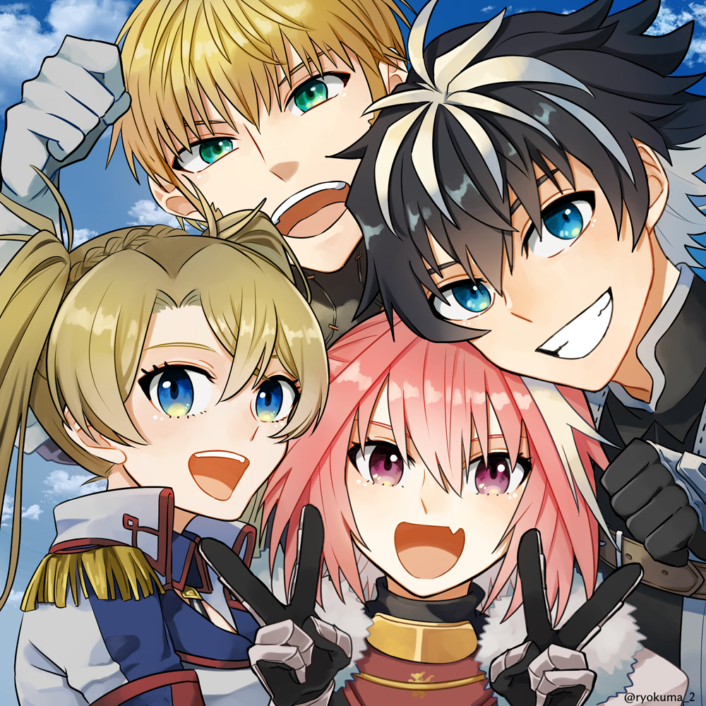1girl 3boys astolfo_(fate) black_gloves black_hair blonde_hair blue_eyes bradamante_(fate) charlemagne_(fate) charlemagne_(first_ascension)_(fate) clenched_hand double_v epaulettes fate/grand_order fate_(series) gloves green_eyes multicolored_hair multiple_boys pink_hair purple_eyes roland_(fate) ryokuma_2 smile twintails twitter_username two-tone_hair v white_gloves white_hair