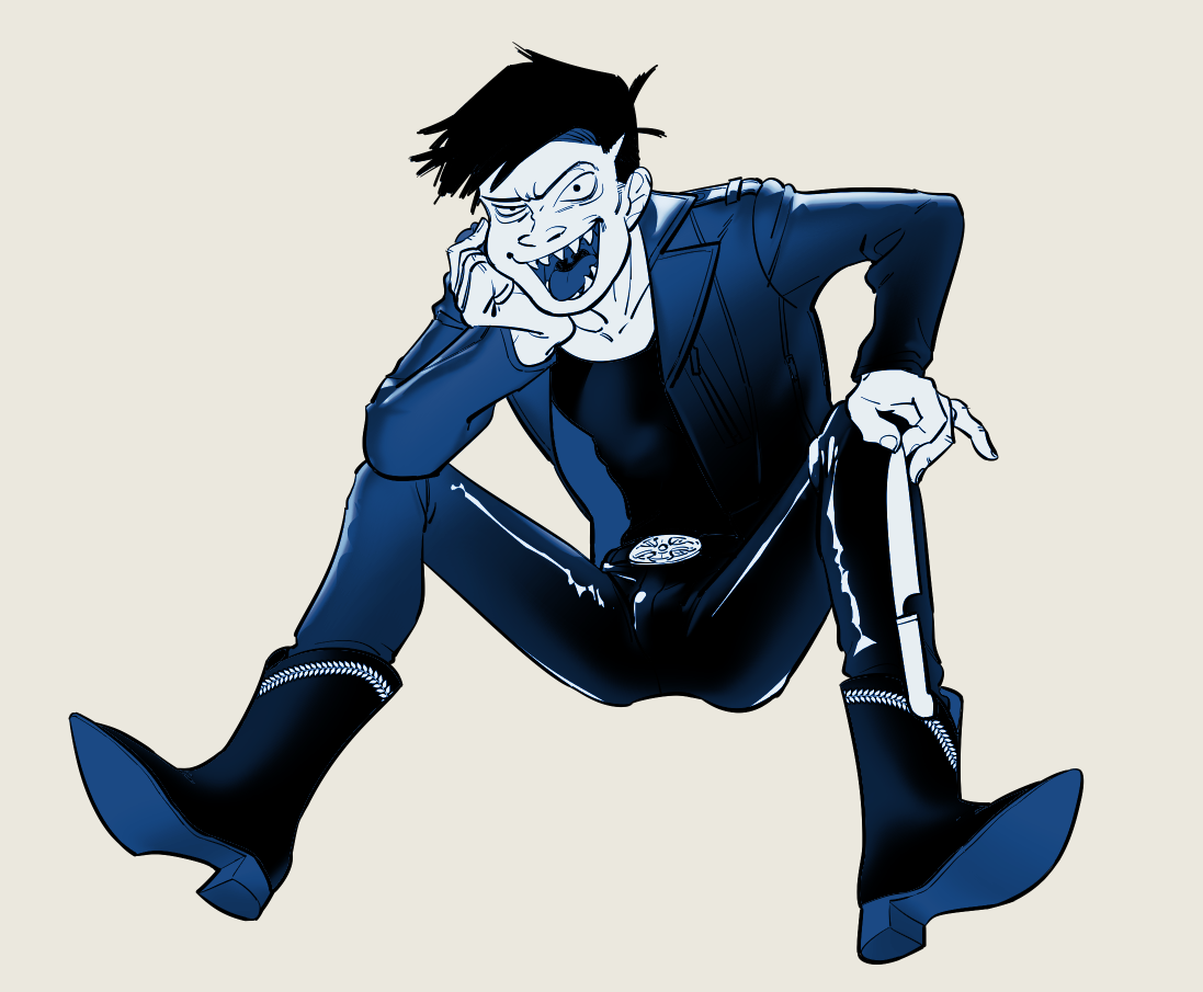 1boy alternate_costume belt blue_theme boots hand_on_own_cheek hand_on_own_face invisible_chair jacket leather leather_jacket leather_pants looking_at_viewer male_focus mature_male ojima_(ojimadou) osomatsu-kun osomatsu_(series) pants parted_hair sanpaku sitting spiky tougou_(osomatsu-kun)