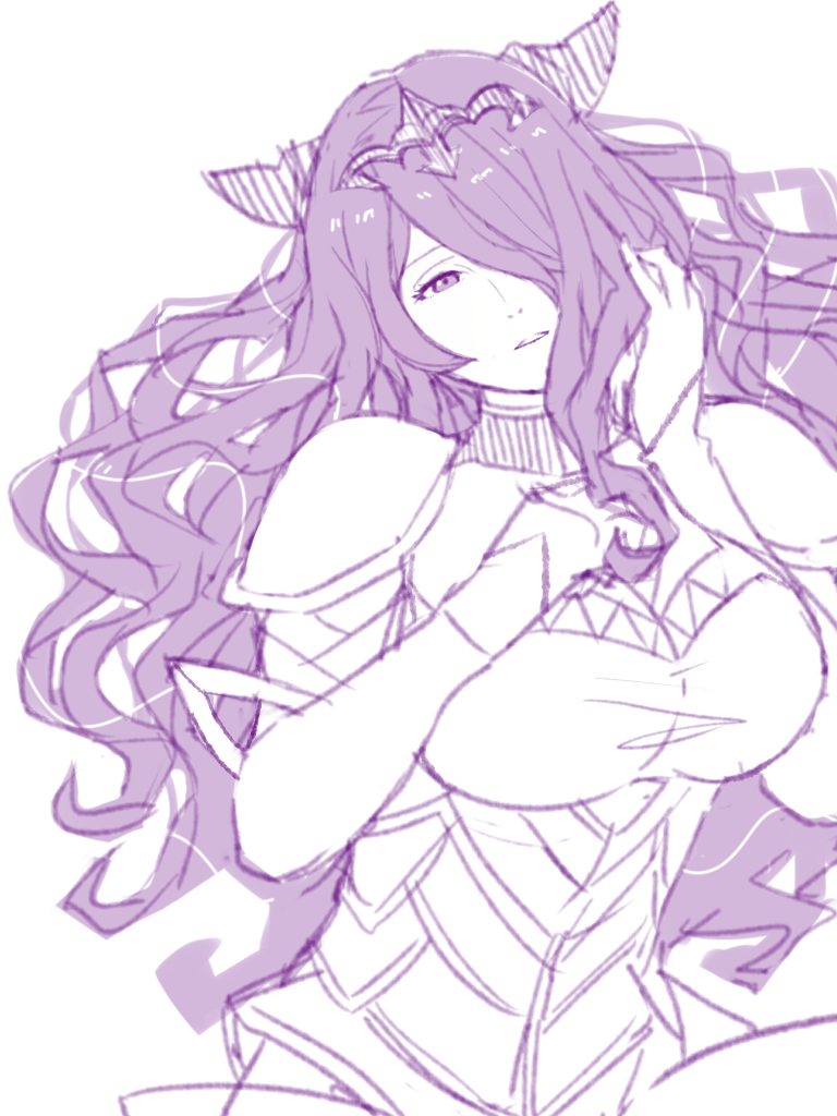 1girl breasts camilla_(fire_emblem) cleavage commentary_request fire_emblem fire_emblem_fates gegegenomin hair_over_one_eye hand_on_own_chest hand_on_own_face horns large_breasts long_hair looking_at_viewer nintendo one_eye_covered purple_eyes purple_hair purple_theme solo very_long_hair
