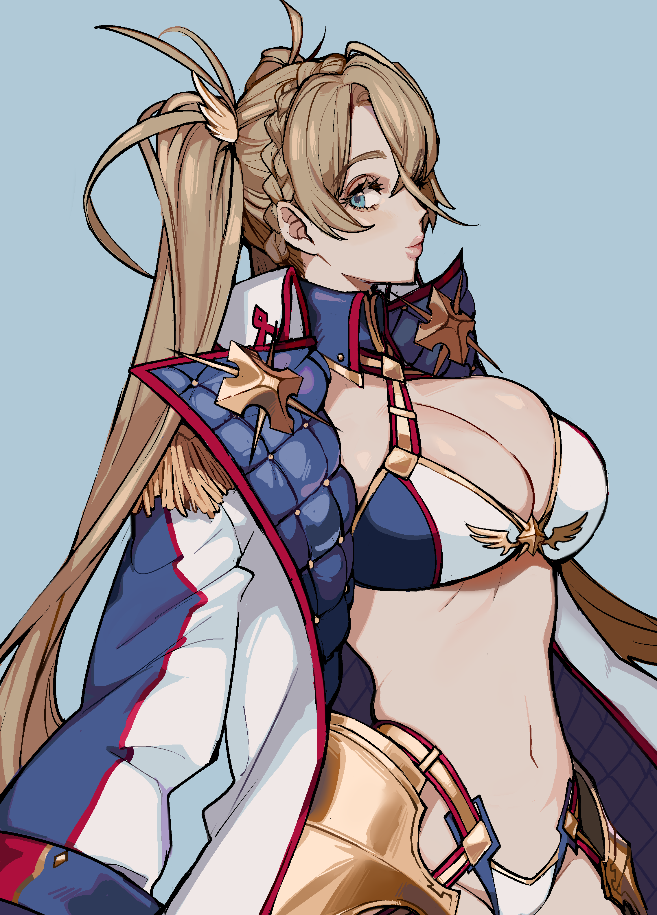 1girl absurdres armor blue_background blue_eyes bradamante_(fate) bradamante_(third_ascension)_(fate) breasts cleavage coat ennuigrl eyebrows fate/grand_order fate_(series) highres hip_armor lips looking_to_the_side medium_breasts navel unfinished winter_clothes winter_coat