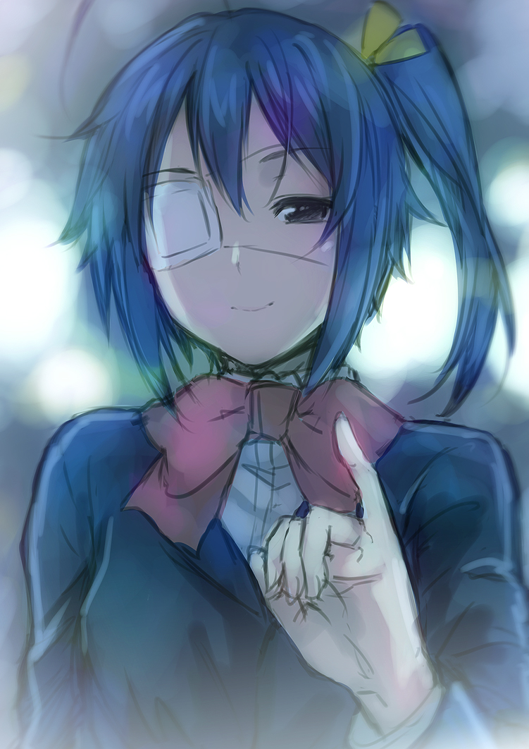 10s 1girl ahoge bad_id bad_pixiv_id black_eyes black_hair blazer blue_eyes blue_hair blush bow chuunibyou_demo_koi_ga_shitai! eyepatch female_focus hair_ribbon jacket looking_at_viewer matching_hair/eyes pinky_(pacman) pinky_out puyo_(puyotopia) ribbon school_uniform short_hair side_ponytail sketch smile solo takanashi_rikka