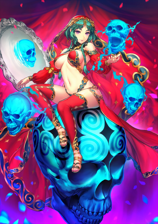1girl bare_shoulders black_collar blue_fire bra braid breasts breasts_apart closed_mouth collar detached_leggings detached_sleeves fate/grand_order fate_(series) fingernails fire full_body game_cg gold_sandals green_hair halterneck hand_up jewelry knee_up leggings lips long_sleeves long_veil looking_at_viewer medium_breasts mirror navel official_art outstretched_arm puffy_sleeves purple_eyes purple_nails red_bra red_leggings red_petals red_skirt red_sleeves red_veil salome_(fate) sandals short_hair_with_long_locks showgirl_skirt sideboob simosi sitting skirt skull smile solo stomach third-party_source toenails turtleneck underwear variant_set veil