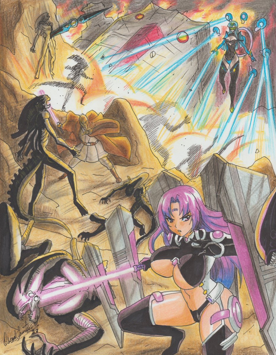 1boy 2023 2girls alien alien_(1979) angry battlefield blue_hair breasts cardfight!!_vanguard cleavage commission crossover dark-skinned_male dark_skin death defeat energy_sword explosion fangs fire floating gillian_chen highres huge_breasts jedi laser leotard levitation lightsaber mace_windu monster multiple_girls navel open_mouth purple_hair purple_lightsaber ravernclouk_design reverie_vorfeed shield star_wars sword thick_thighs thighhighs thighs underboob weapon xenomorph