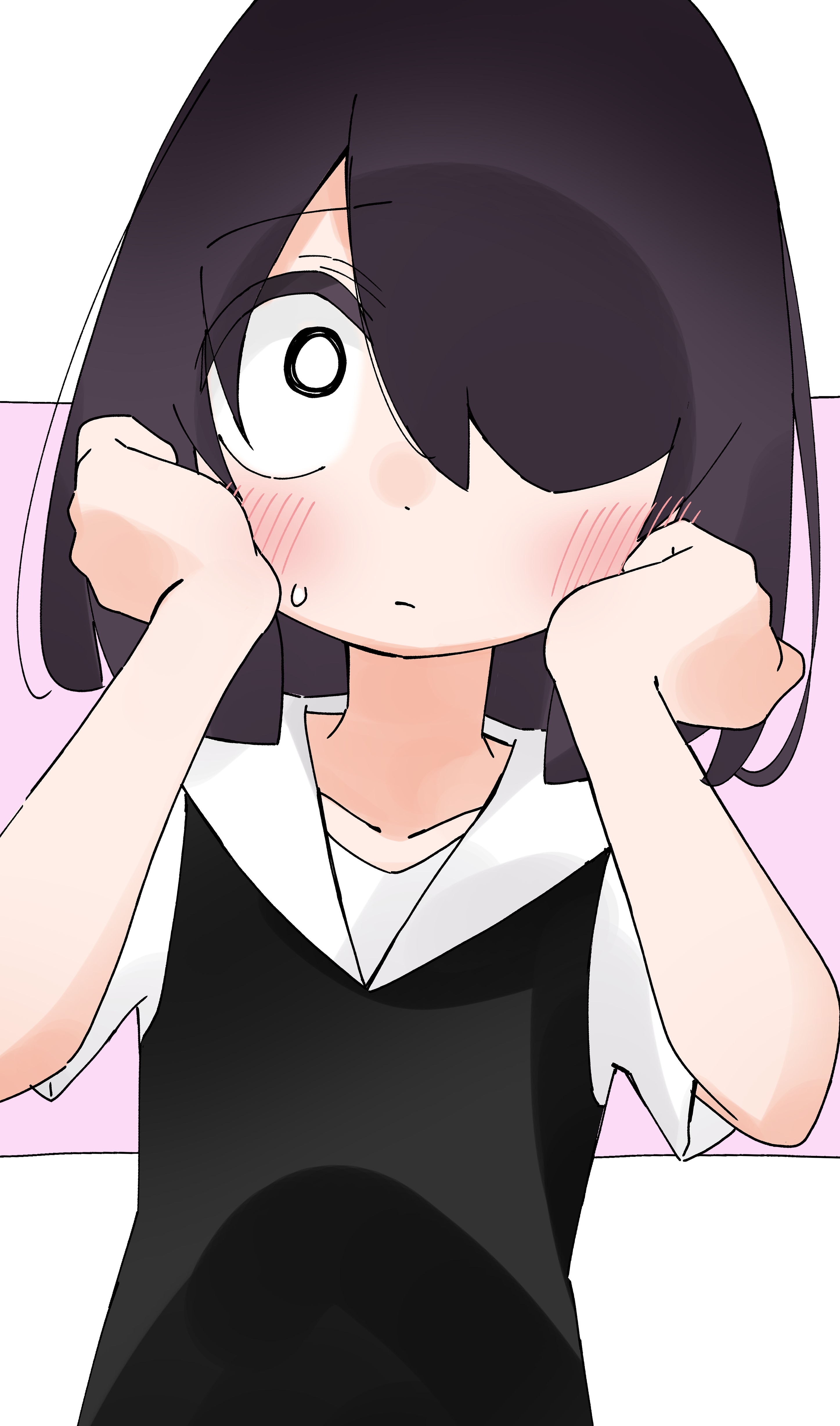 1girl absurdres black_dress black_hair dress hair_over_one_eye highres jijou_wo_shiranai_tenkousei_ga_guigui_kuru. kawamura_taku medium_hair nishimura_akane shirt solo white_eyes white_shirt