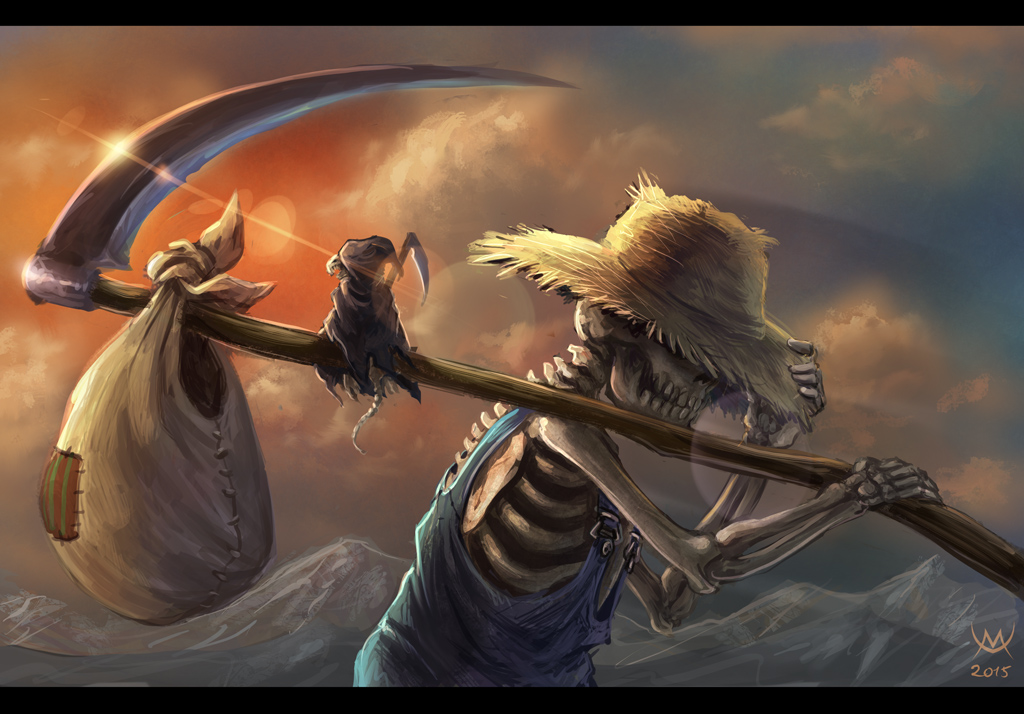 10s 2015 bag bill_door_(discworld) cloud cloudy_sky commentary death_(discworld) death_(entity) death_of_rats discworld grim_reaper hand_on_headwear hat lens_flare letterboxed maxa&#039; outdoors overalls reaper_man scythe skeleton sky straw_hat terry_pratchett