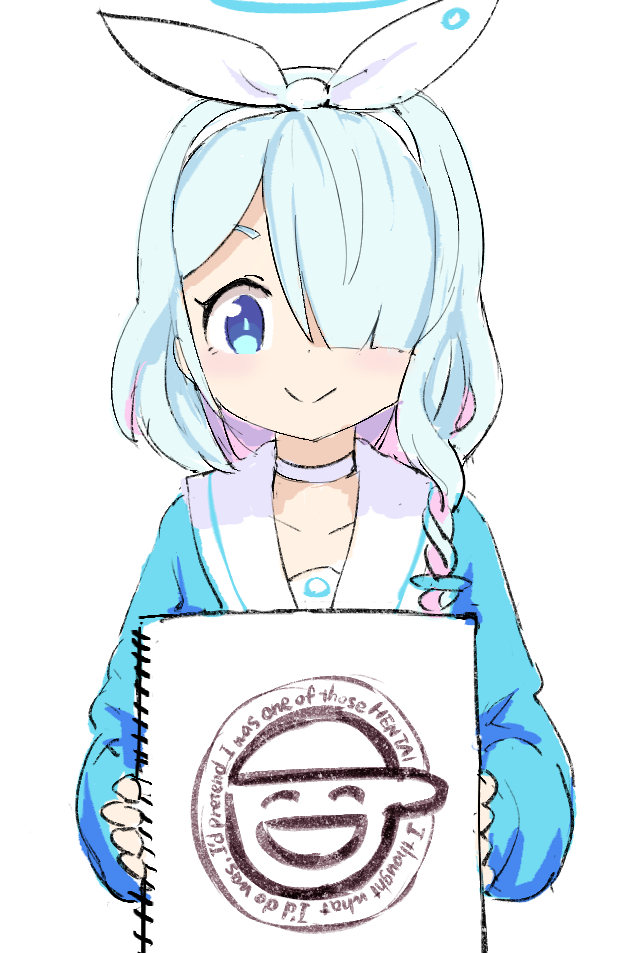 1girl arona_(blue_archive) blue_archive laughing_man_(gits) looking_at_viewer school_uniform serafuku sketchbook smile solo tenten_(chan4545) upper_body white_background