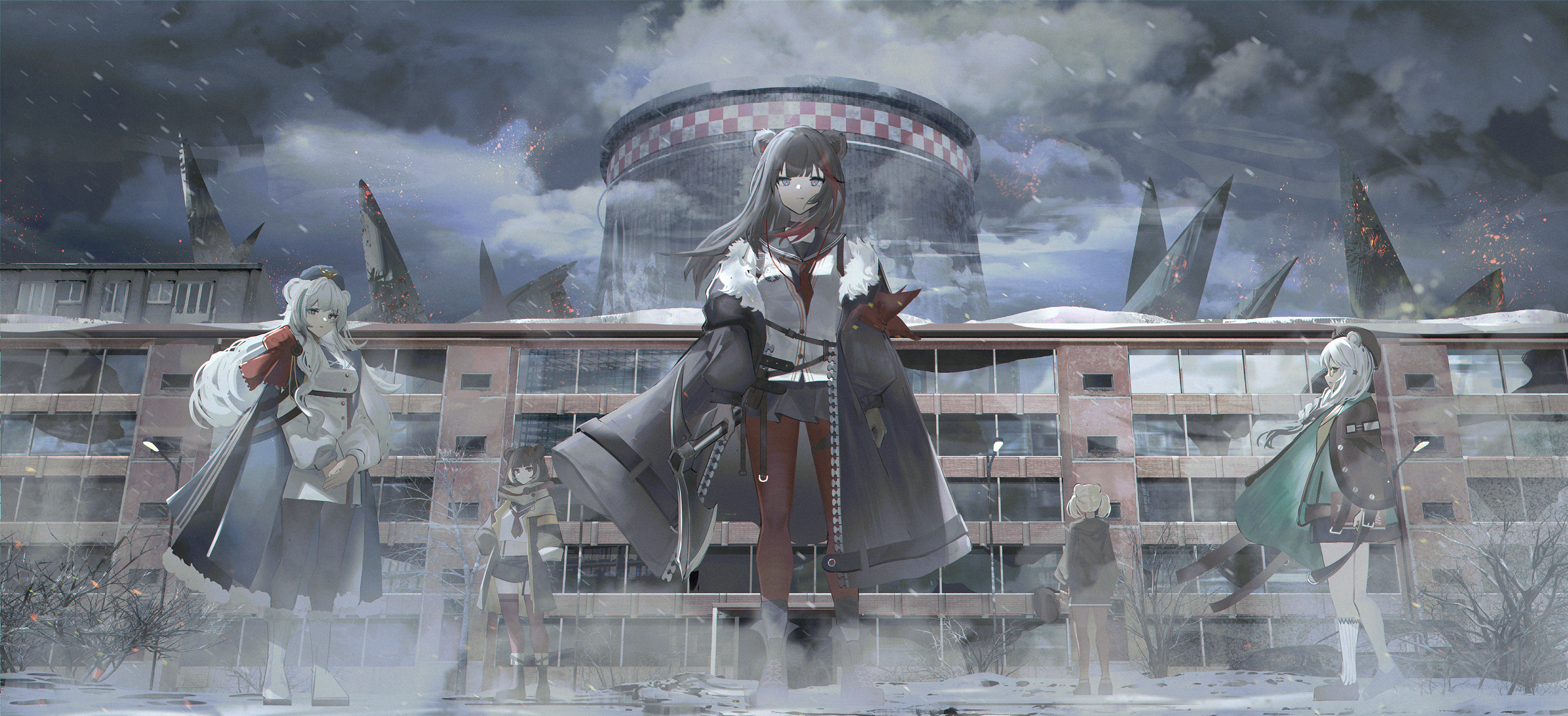 1girl 5girls absurdres animal_ears aqua_jacket arknights axe battle_axe bear_ears bear_girl black_coat black_pantyhose black_skirt blue_eyes book boots braid breasts brown_hair building buttons closed_mouth cloud cloudy_sky coat commentary cross-laced_footwear dead_plants dress english_commentary full_body fur-trimmed_coat fur_trim geki_dan gummy_(arknights) hashtag-only_commentary highres holding holding_axe holding_book holding_weapon istina_(arknights) jacket lamppost large_breasts leto_(arknights) long_hair looking_at_viewer microskirt miniskirt monocle multicolored_hair multiple_girls off_shoulder outdoors pantyhose parted_lips pleated_skirt profile red_pantyhose red_pupils red_thighhighs rosa_(arknights) scenery shirt short_dress skirt sky small_breasts snow socks streaked_hair thighhighs weapon white_dress white_footwear white_shirt white_socks window zima_(arknights)