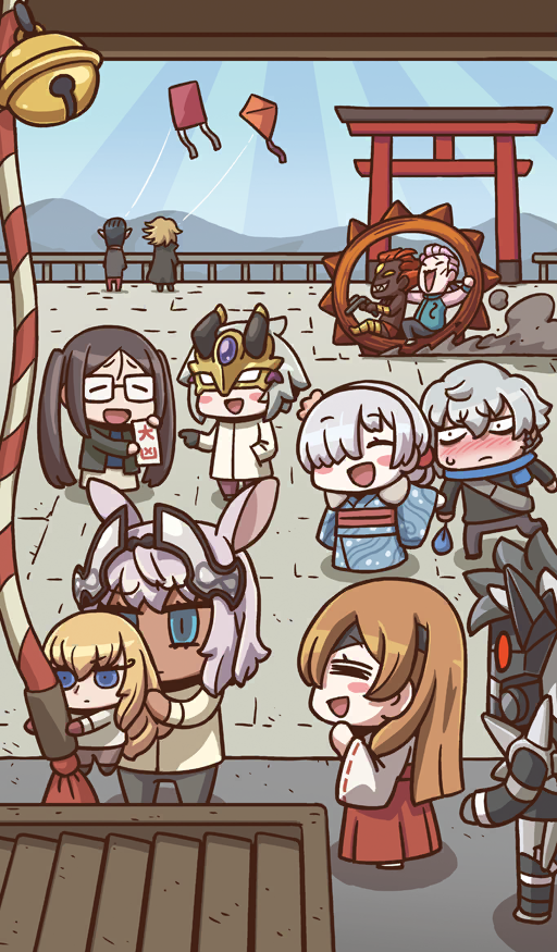4girls 6+boys =_= akuta_hinako anastasia_(fate) animal_ears aqua_eyes aqua_jacket arm_up armor ashwatthama_(fate) bell beryl_gut black_armor black_coat black_gloves black_hair black_jacket black_pants black_shirt black_shoes blonde_hair blue_eyes blue_kimono blue_scarf blue_shirt blue_sky blush box brown_hair caenis_(fate) chibi chibi_only closed_eyes closed_mouth coat commentary crypters_(fate/grand_order) dark-skinned_female dark-skinned_male dark_skin day daybit_sem_void donation_box driving dust_cloud expressionless eyepatch fate/grand_order fate_(series) forehead_jewel full_armor fur_collar glasses gloves green_vest grey_hair grey_pants hair_between_eyes hair_ornament hair_over_one_eye hair_over_shoulder hair_slicked_back hakama hakama_skirt hand_in_pocket hatsumoude headpiece holding holding_another&#039;s_arm holding_mini_person holding_paper holding_rope jacket japanese_clothes jingle_bell kadoc_zemlupus kimono kinchaku kirschtaria_wodime kite kite_flying kouhaku_nawa long_hair long_sleeves mask miko mini_person miniboy mountainous_horizon multicolored_hair multiple_boys multiple_girls new_year obi official_alternate_eye_color official_art omikuji one_eye_covered open_clothes open_jacket open_mouth ophelia_phamrsolone outdoors pants paper pointy_ears pouch prince_of_lan_ling_(fate) purple_hair rabbit_ears rectangular_eyewear red_eyes red_hair red_hakama red_pants red_sash riyo_(lyomsnpmp) rope sash scandinavia_peperoncino scarf sharp_teeth shimenawa shirt shoes short_hair shrine sidelocks sigurd_(fate) skirt sky small_sweatdrop smile spiked spiked_armor sunburst sunburst_background surtr_(fate) teeth third-party_source torii translated twintails two-tone_hair very_dark_skin very_long_hair vest white_coat white_hair white_kimono white_skirt wide_sleeves yellow_eyes yellow_jacket yu_mei-ren_(fate)