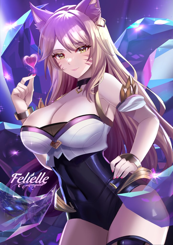 1girl ahri_(league_of_legends) animal_ear_fluff animal_ears artist_name bangle bare_shoulders black_choker black_leotard blonde_hair bracelet breasts choker cleavage commentary covered_navel cowboy_shot crystal_tail english_commentary facial_mark felielle fingernails fox_ears fox_girl fox_tail hand_on_own_hip hashtag-only_commentary heart jewelry k/da_(league_of_legends) k/da_ahri kitsune kyuubi large_breasts league_of_legends leotard long_fingernails long_hair looking_at_viewer multiple_tails nail_polish official_alternate_costume red_nails sleeveless smile solo tail thighs very_long_hair whisker_markings yellow_eyes