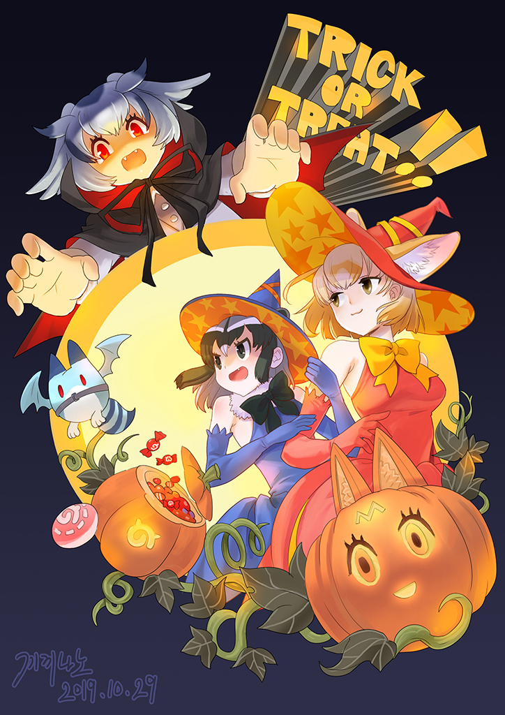 3girls :3 adapted_costume animal_ear_fluff animal_ears arm_hug bare_shoulders black_eyes black_hair black_neckwear blonde_hair blue_dress blue_gloves bow bowtie brown_eyes candy cape commentary common_raccoon_(kemono_friends) dated dress ears_through_headwear elbow_gloves english_commentary extra_ears fangs fennec_(kemono_friends) food fox_ears fur_collar gloves grey_hair halloween halloween_costume hat head_wings high_collar jack-o&#039;-lantern japari_bun kemono_friends leaf lucky_beast_(kemono_friends) multicolored_hair multiple_girls northern_white-faced_owl_(kemono_friends) open_mouth pink_dress pink_gloves plant pumpkin red_eyes roonhee serval_(kemono_friends) short_hair signature sleeveless sleeveless_dress star_(symbol) star_print trick_or_treat vampire_costume vines white_hair wings witch_hat yellow_neckwear