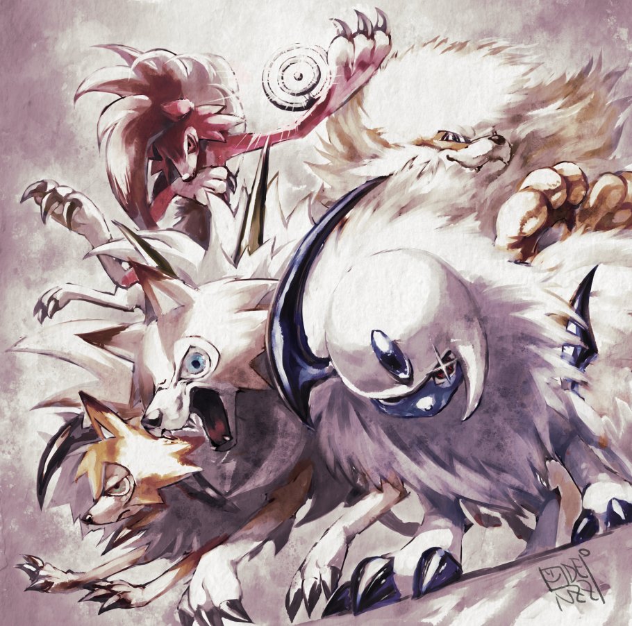 absol arcanine artist_name body_fur brown_fur fangs game_freak gen_1_pokemon gen_2_pokemon gen_3_pokemon gen_7_pokemon glint lycanroc lycanroc_(dusk) lycanroc_(midday) lycanroc_(midnight) nintendo no_humans oden_(odenzzi) pokemon pokemon_(creature) red_fur unown unown_o white_fur wolf