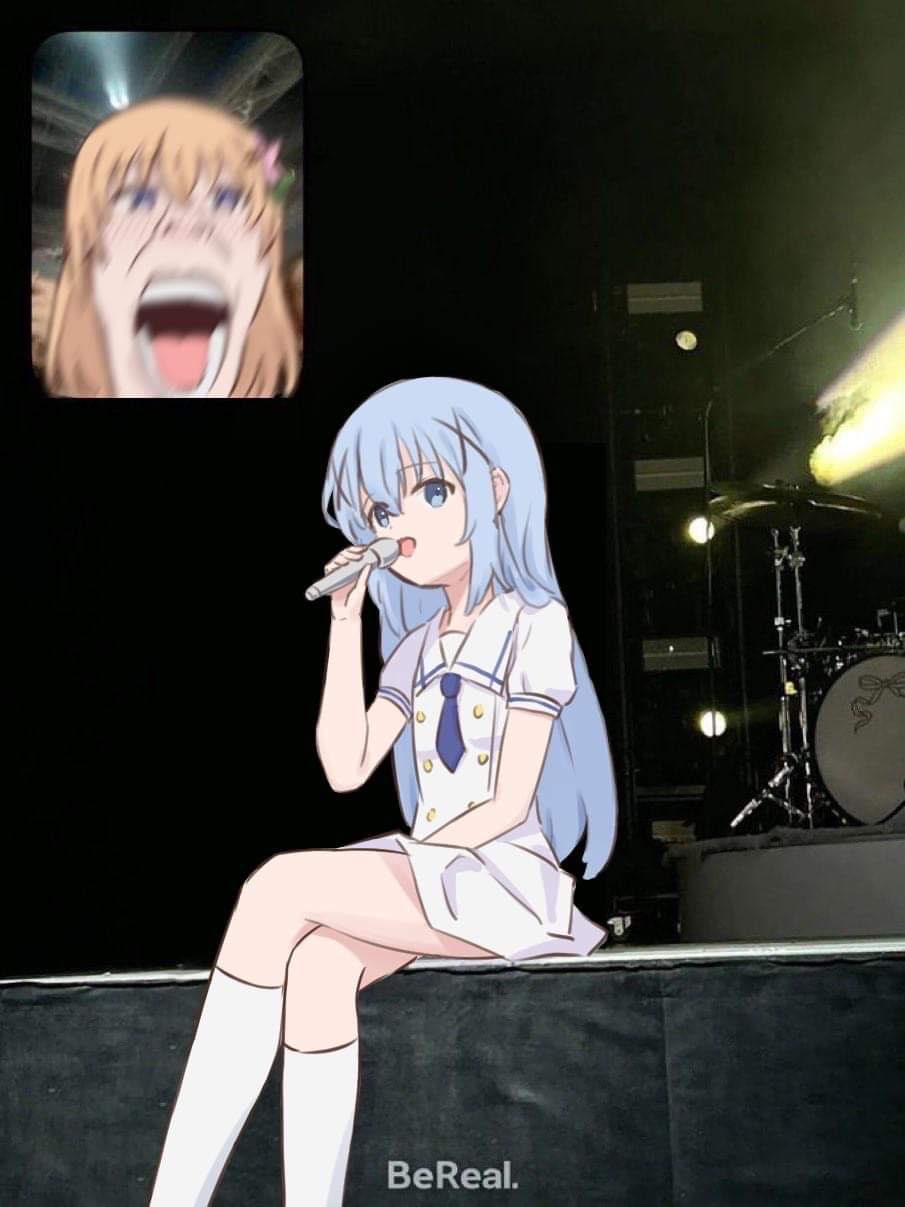 2girls bereal blue_eyes blue_hair blue_necktie buttons commentary copyright_name crossed_legs dot_nose double-breasted drawfag dress drum drum_set english_commentary english_text fake_screenshot fan_screaming_at_madison_beer_(meme) feet_out_of_frame flower gochuumon_wa_usagi_desu_ka? hair_flower hair_ornament hairclip hand_on_lap head_only highres holding holding_microphone hoto_cocoa inset instrument kafuu_chino kafuu_chino&#039;s_school_uniform light_blue_hair long_hair looking_afar looking_ahead looking_at_another looking_at_viewer man_face medium_hair meme microphone multiple_girls music necktie open_mouth orange_hair photo_background puffy_short_sleeves puffy_sleeves purple_eyes sailor_collar school_uniform shirt short_sleeves sidelocks singing sitting socks solo_focus stage stage_lights summer_uniform teeth third-party_source white_dress white_shirt white_socks white_theme x_hair_ornament