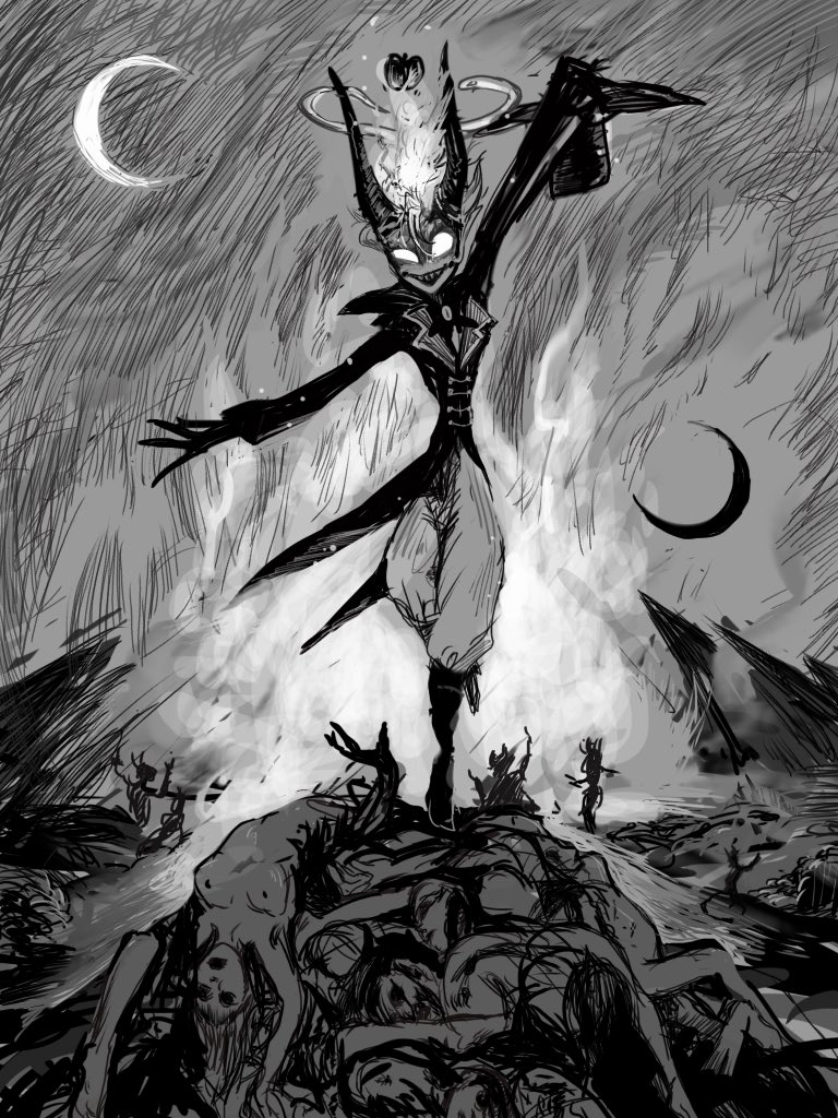 1boy apple black_pants black_suit crescent_moon death demon demon_boy fanfunax fire food formal_clothes fruit hazbin_hotel horror_(theme) looking_at_viewer lucifer_morningstar_(hazbin_hotel) moon occult outdoors pants solo suit